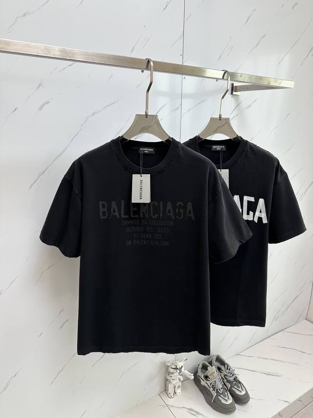 高品质 Balenciaga 巴黎世家 官方同款 短袖t恤 2024年春夏新款 重工 原版进口定制 克做旧款 高密度螺纹同缸染面料 宽松版型超级百搭 男女都非常